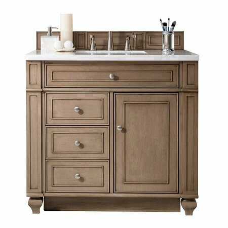 JAMES MARTIN VANITIES Bristol 36in Single Vanity, Whitewashed Walnut w/ 3 CM Arctic Fall Solid Surface Top 157-V36-WW-3AF